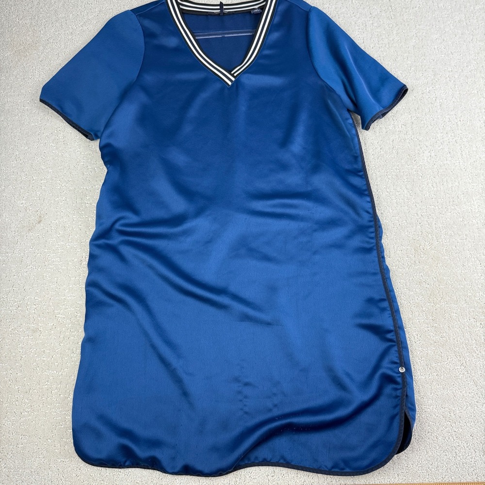 Scotch & Soda Dress Womens S Blue Ribbed V-Neck Satin Shift Short Sleeve 13204